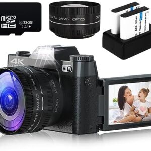 Digital Camera for Photography, 4K 48MP Vlogging Camera for YouTube with WiFi, 3-inch 180-degree Flip Screen, 16X Digital Zoom, 52mm Wide Angle & Macro Lens, 32GB TF Card and 2 Batteries(Purple)